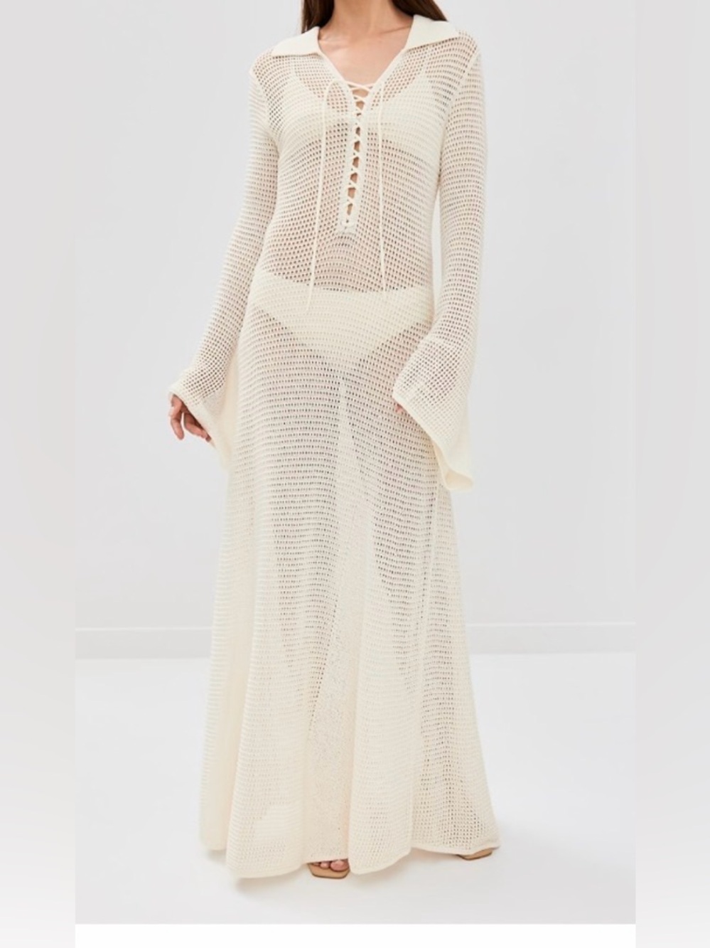 Sheer Cream Crochet Maxi Dress with Lace-Up Neck